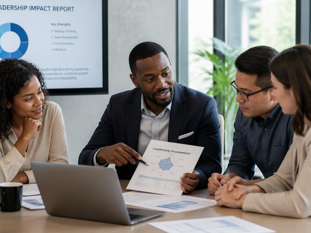 Black male consultant reviewing leadership assessment results with a team