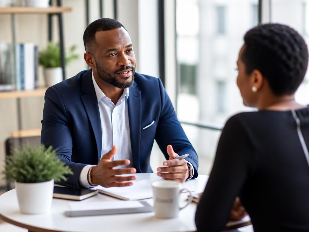 Black male executive coach mentoring a professional one-to-one