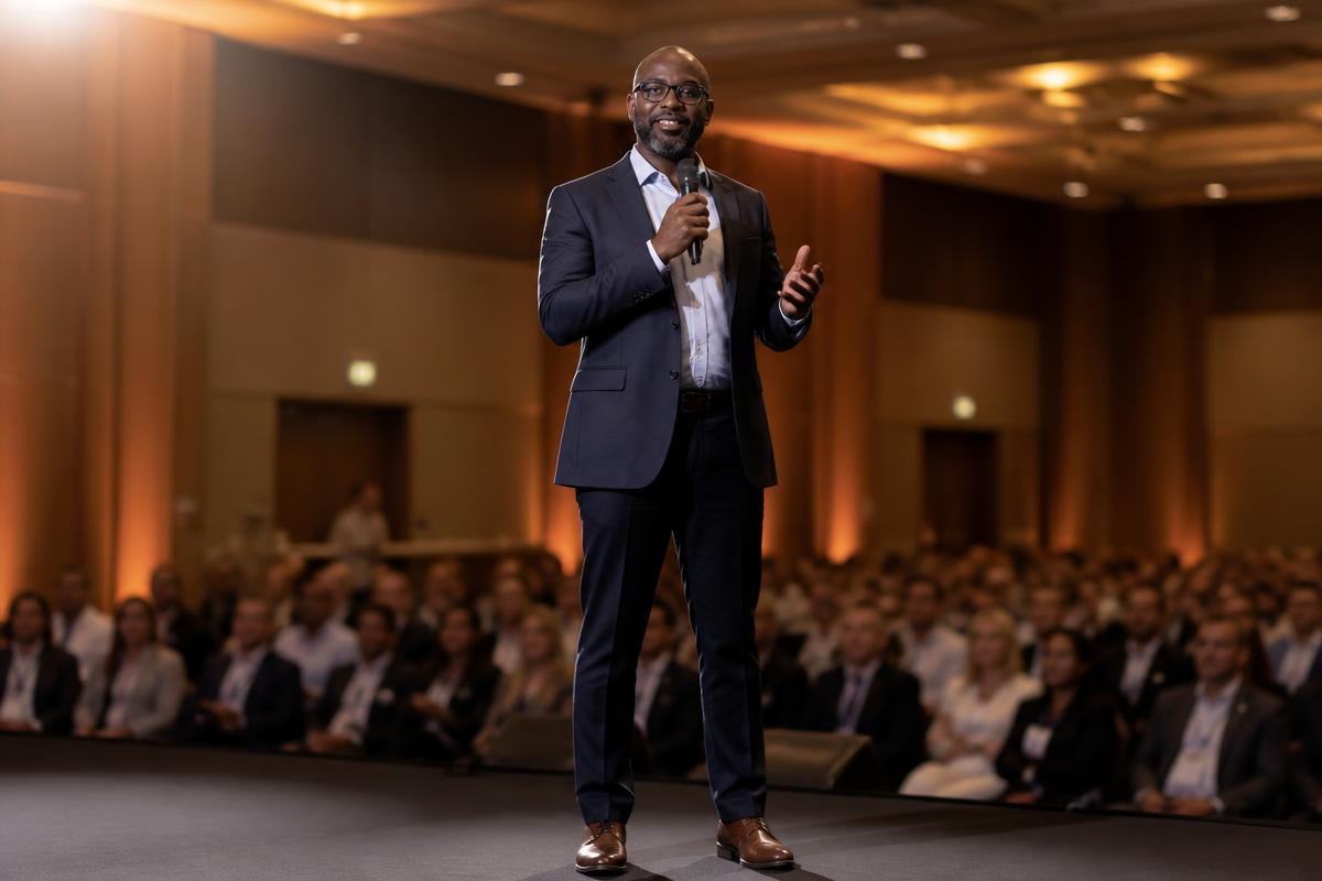 Black male keynote speaker on stage inspiring a corporate audience